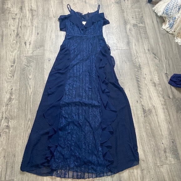Foxiedox NWT Pintuck Lace Chiffon Maxi Dress Navy Blue Size Small - Picture 3 of 10